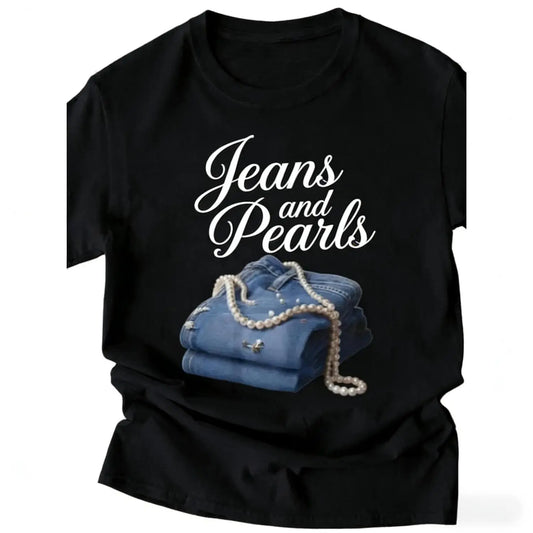 Women's Pure Cotton Short Sleeve Round Neck Graphic T-Shirt with Pearls and Jeans for Casual Summer Comfort and Easy Machine Wash