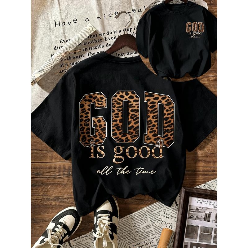 Women's 100% Cotton Vintage Loose-Fit Leopard Print Graphic Tees - Unisex, God Is Good All The Time Design, Crew Neck, Short Sleeve, All-Seasons, Machine Wash Casual Sports Top, Graphic Tees Women