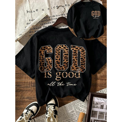 Women's 100% Cotton Vintage Loose-Fit Leopard Print Graphic Tees - Unisex, God Is Good All The Time Design, Crew Neck, Short Sleeve, All-Seasons, Machine Wash Casual Sports Top, Graphic Tees Women