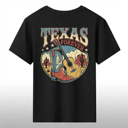 Vintage Texas Forever Graphic T-Shirt, Unisex Cotton Shortsleeve Top with Western Cowboy Boot, Guitar, and Cactus Print - Casual Streetwear Clothes