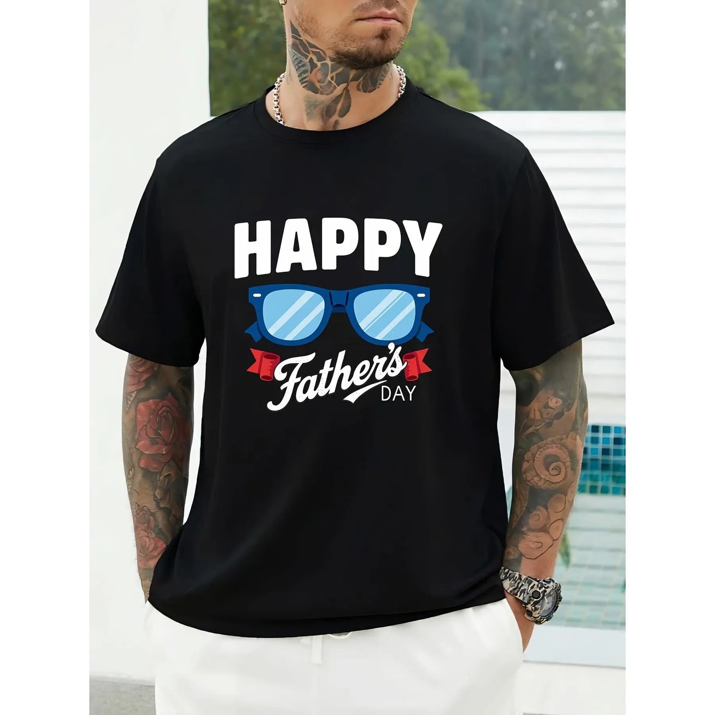 Happy Father'S Day 180G T-Shirt - Stylish Glasses Design, Perfect Gift for Dad, Team Building, Family Outdoor Activities, Soft And Comfortable Tee