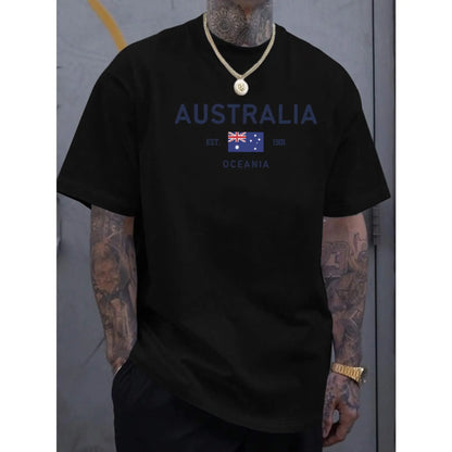 Men's Australia Graphic T-Shirt with Flag & Map Print - White Casual Short Sleeve Round Neck Tee Featuring "EST. 1901 Australia Oceania" Lettering - Breathable All-Season Comfort for Everyday & Australian-Themed Events