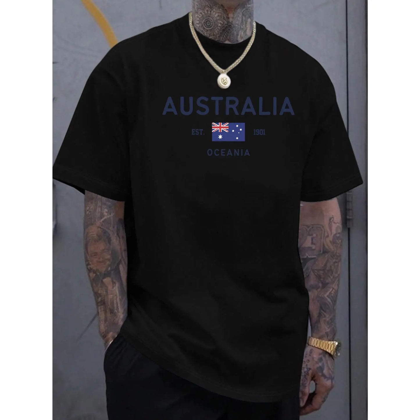 Men's Australia Graphic T-Shirt with Flag & Map Print - White Casual Short Sleeve Round Neck Tee Featuring "EST. 1901 Australia Oceania" Lettering - Breathable All-Season Comfort for Everyday & Australian-Themed Events