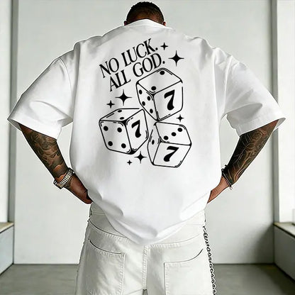 Men’s “No Luck All God” dice graphic T-shirt, bold Christian faith print, soft cotton blend, perfect for religious fashion lovers, streetwear fans, and edgy everyday outfits.