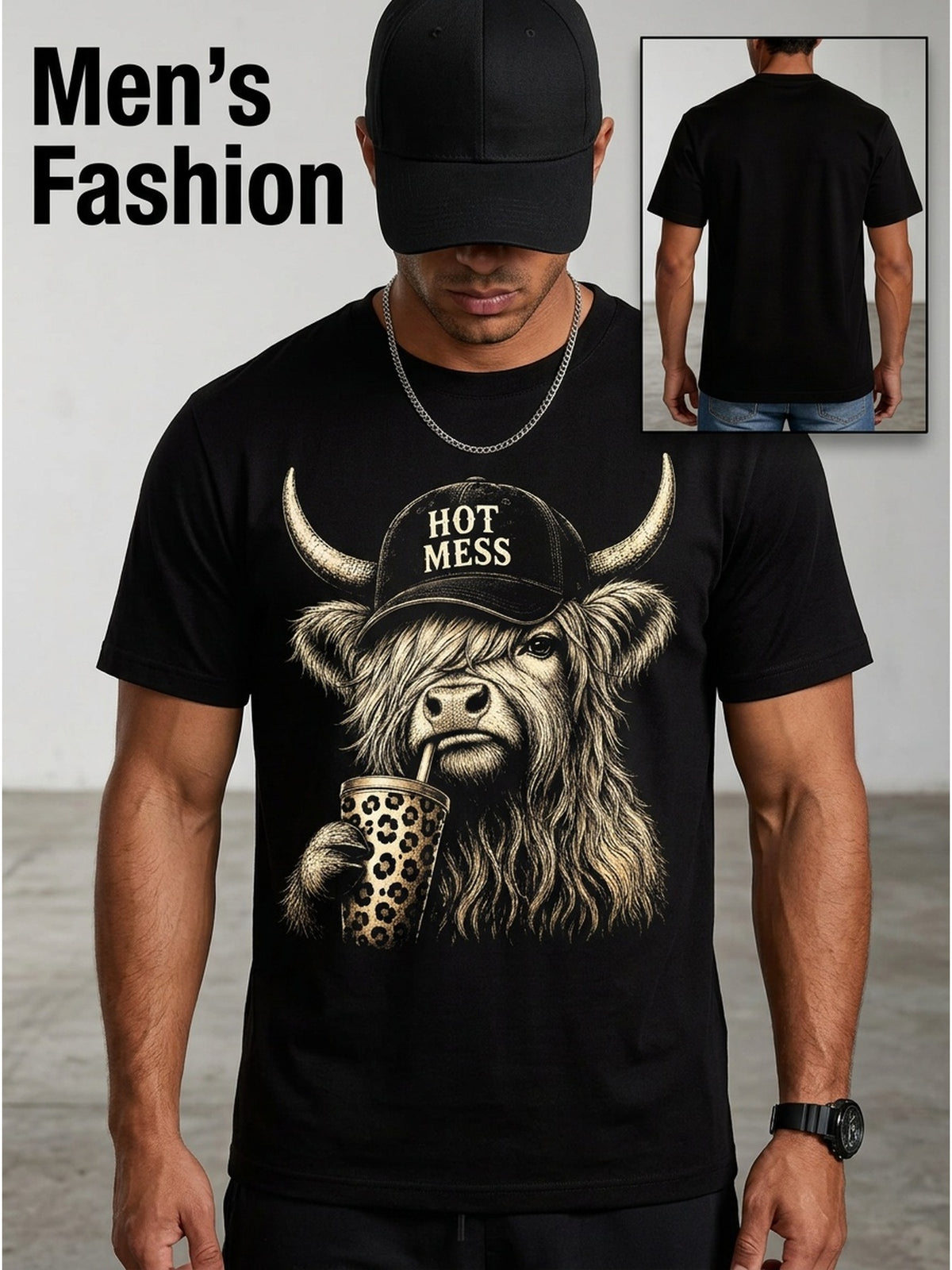 Men' And Women'S Funny Highland Cow Coffee T-Shirt - Scottish Cow Print Graphic Tee Suitable for Coffee Lovers, Casual Round Neck Shirt Casual Attire, Washable Apparel, Year-Round Outfits