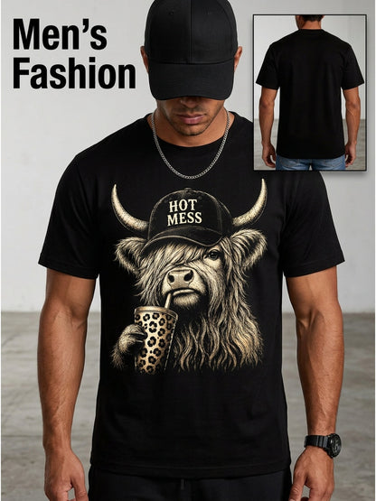 Men' And Women'S Funny Highland Cow Coffee T-Shirt - Scottish Cow Print Graphic Tee Suitable for Coffee Lovers, Casual Round Neck Shirt Casual Attire, Washable Apparel, Year-Round Outfits