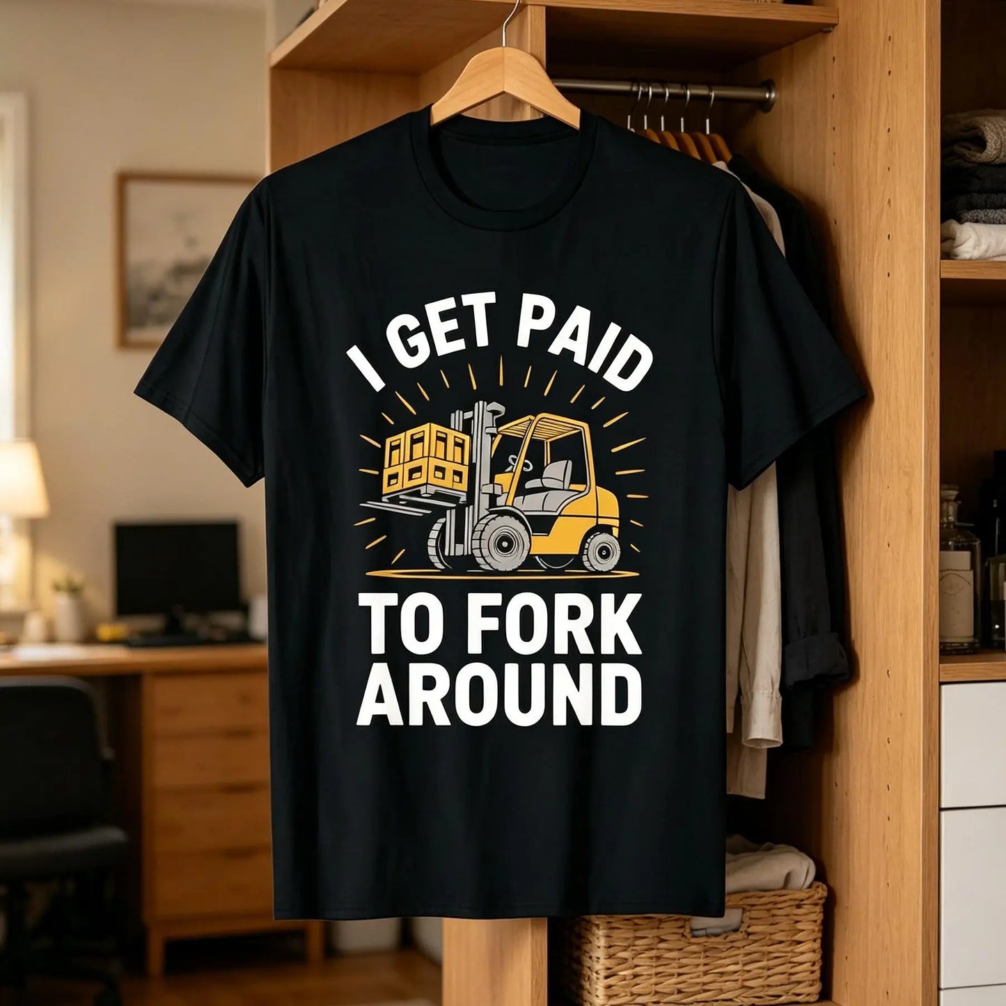 Unisex Heavy Industry Graphic T-Shirt - Forklift Truck Driver "I Get Paid to Fork Around" Print, Black with Yellow Forklift Design, Soft Breathable Cotton, Men's Industrial Workwear Tee for Warehouse, Construction