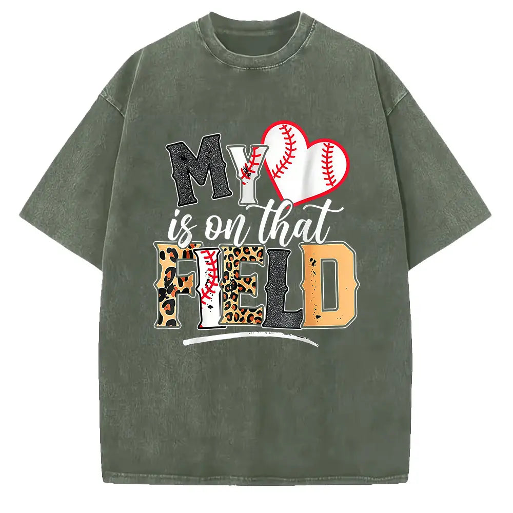 My Heart Is On That Field Mother's Day Baseball Mom Women T-Shirt Women T Shirt, Short Sleeve Round Neck Casual Top For Summer & Spring, Women's Clothing