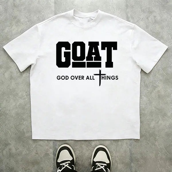 “God Over All” graphic T-shirt for men, 100%25 cotton, breathable loose streetwear short sleeve, urban faith style casual tee for everyday outdoor wear — trendy Christian casual top, short sleeve, menswear, T-shirt, crew neck, TikTok Shop Spring Glow Up.,