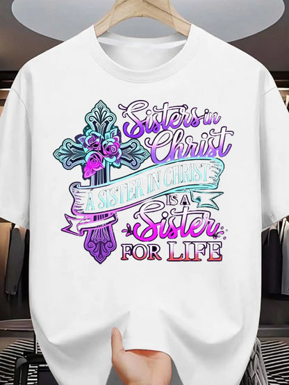 [Summer] Man And Women Sisters in Christ Christian Faith T-Shirt Verse & Cross Print, Comfort Fit Men'S Tee, Crew Neck Tee, Ultra-Soft, Breathable, Moisture Wicking, Casual Tee, Must-Have Fashionable Tee