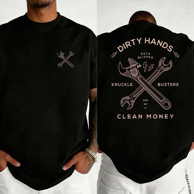 "Dirty Hands, Clean Money" wrench graphic t-shirt, workwear-style graphic print t-shirt, comfortable fabric short-sleeved top.....