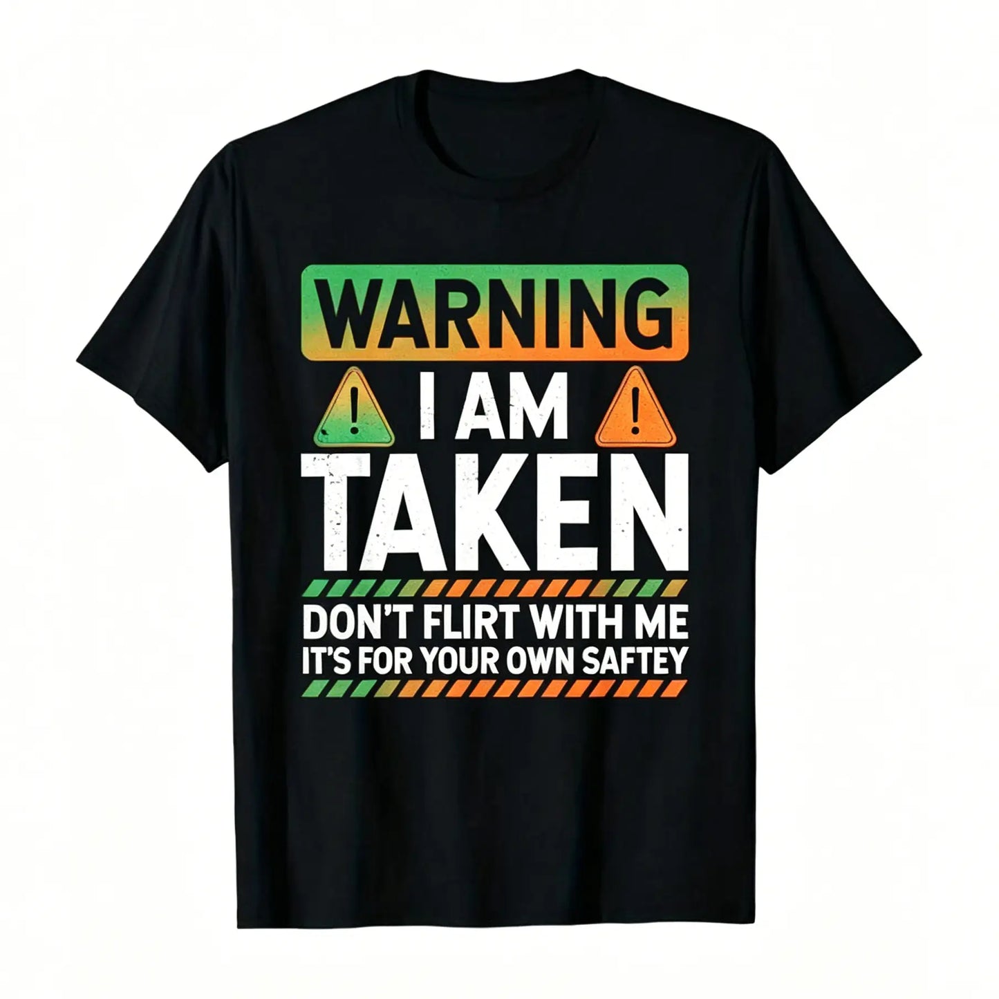 Men's Short-Sleeve Round Neck Funny Taken Husband Warning T-Shirt - Menswear - Don't Flirt with Me Graphic - Black with Red/White Caution Signs - Married Status Apparel - Regular Fit Casual - Machine Washable All-Season Top Tshirt