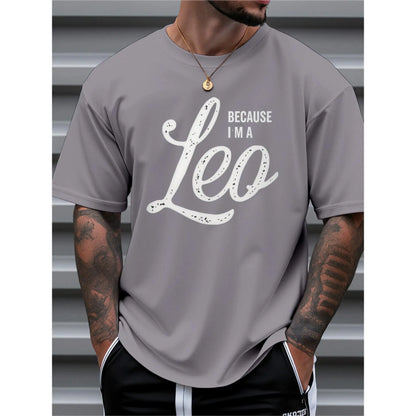 Men's Zodiac Leo Graphic T-Shirt - 100%25 Cotton Loose Fit Casual Tee with "Because I'm a Leo" Print, Round Neck Short Sleeve for Summer Outdoor & Daily Wear, Comfortable Fabric
