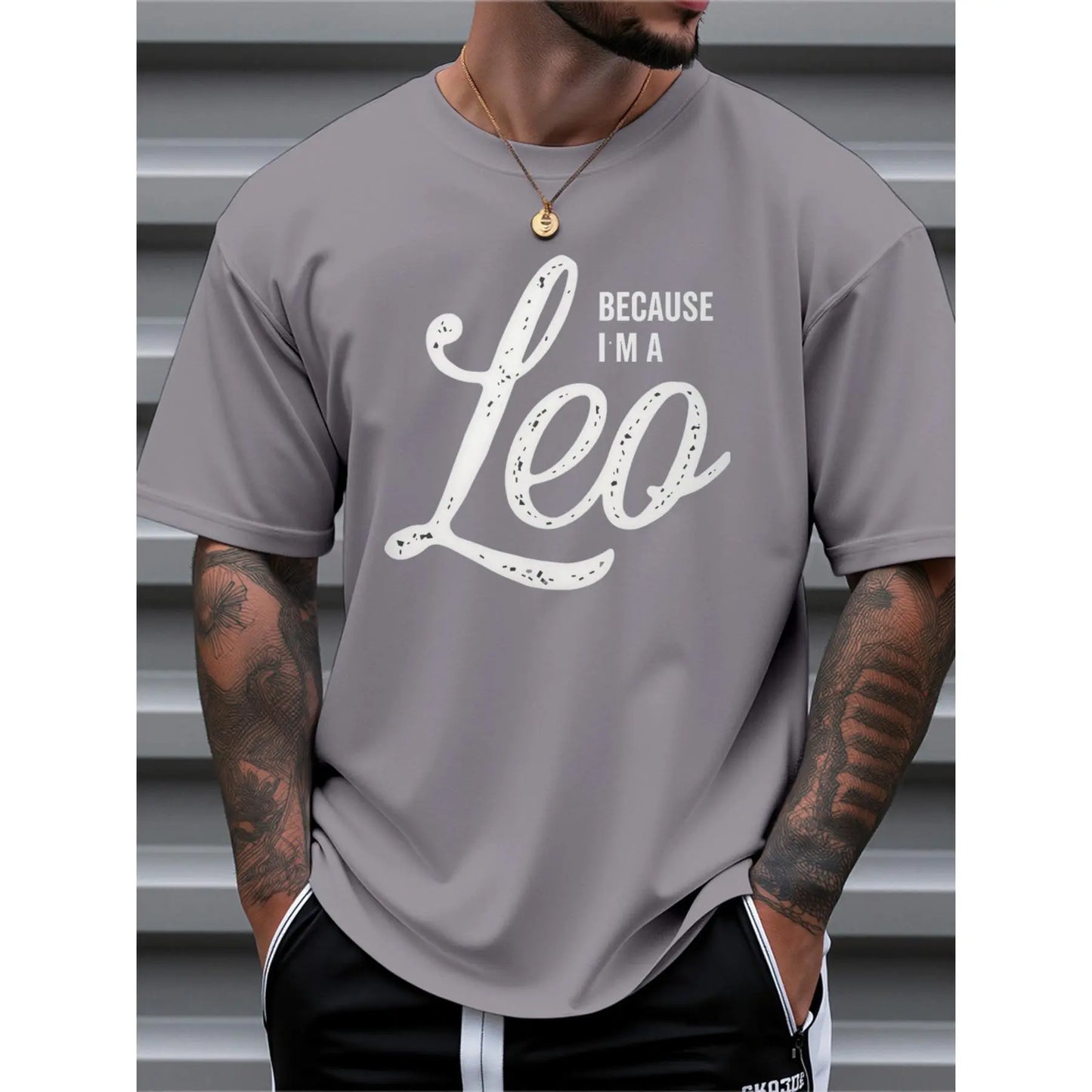 Men's Zodiac Leo Graphic T-Shirt - 100%25 Cotton Loose Fit Casual Tee with "Because I'm a Leo" Print, Round Neck Short Sleeve for Summer Outdoor & Daily Wear, Comfortable Fabric