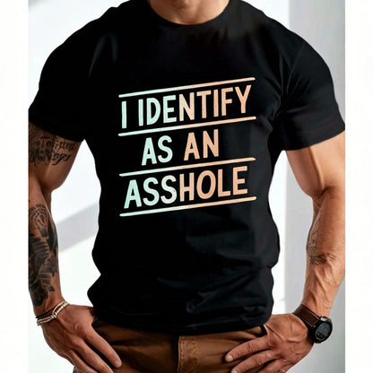 Men's Plus Size "I Identify As An" Graphic Shirt - Bold Statement Mensfashion Casual T-Shirts, Relaxed Fit Short Sleeve, Glossy Polyester Blend, Machine Washable, All-Season Comfort for Casual Attire & Gym Workouts Gym Apparel