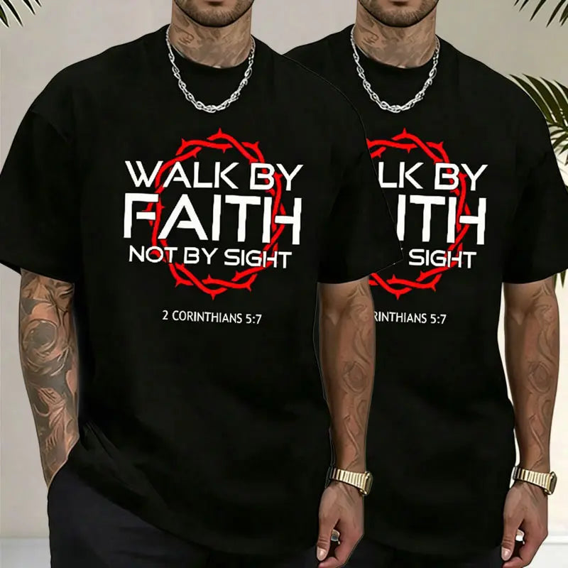 Men’s Christian faith graphic T-shirt, “Walk by faith not by sight” 2 Corinthians 5:7 Bible verse print, oversized short-sleeve casual streetwear tee for everyday wear, church and religious events,father'sdaygifts