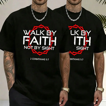 Men’s Christian faith graphic T-shirt, “Walk by faith not by sight” 2 Corinthians 5:7 Bible verse print, oversized short-sleeve casual streetwear tee for everyday wear, church and religious events,father'sdaygifts
