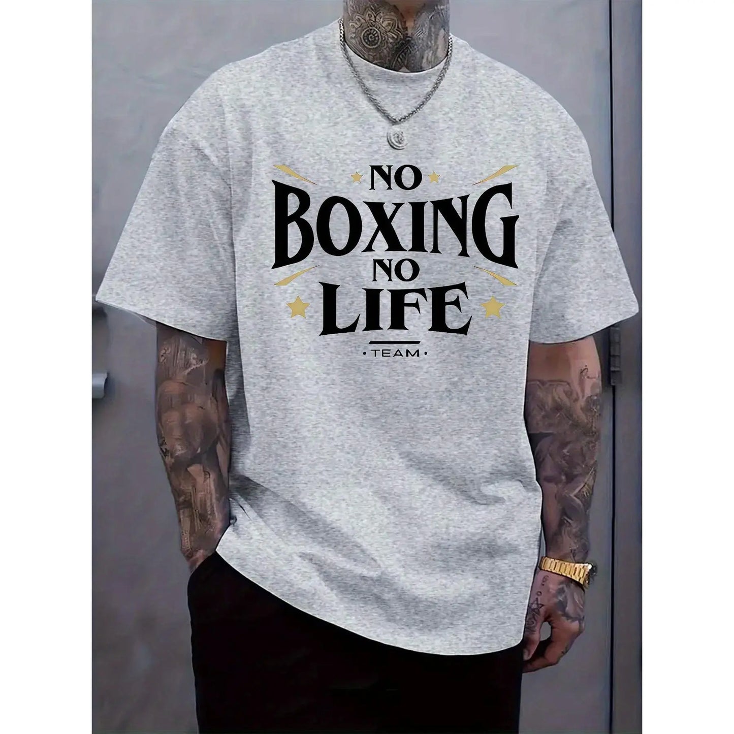 Men's Casual Short Sleeve T-Shirt with "NO BOXING NO LIFE" Graphic Print, Light Grey Regular Fit Round Neck Tee for Summer & Spring Outdoor Activities, Casual Wear, Urban Fashion, Easy Care, Printed Shirt, Streetwear Lovers, Spring Clothing, Streetwear St