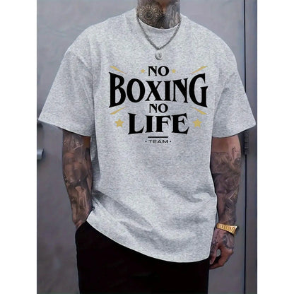 Men's Casual Short Sleeve T-Shirt with "NO BOXING NO LIFE" Graphic Print, Light Grey Regular Fit Round Neck Tee for Summer & Spring Outdoor Activities, Casual Wear, Urban Fashion, Easy Care, Printed Shirt, Streetwear Lovers, Spring Clothing, Streetwear St