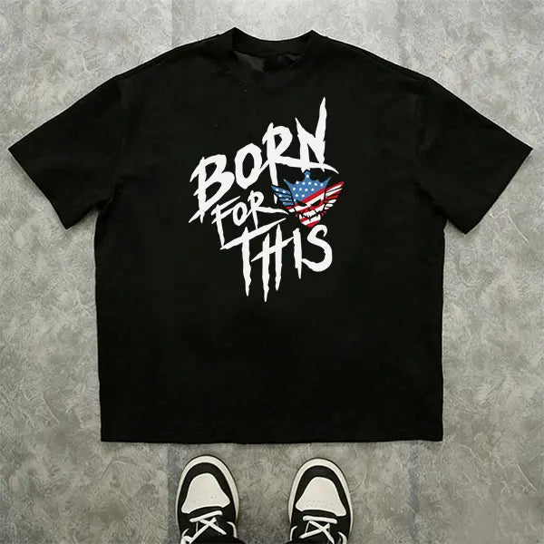 Men’s summer 100%25 cotton loose streetwear T-shirt, “Born for This” American flag skull graphic crew neck tee, edgy patriotic distressed short-sleeve top for everyday urban casual outfits