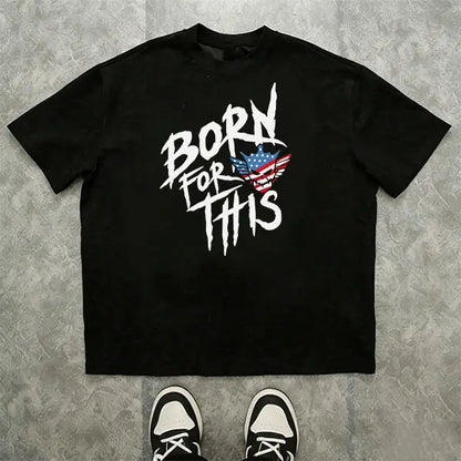 Men’s summer 100%25 cotton loose streetwear T-shirt, “Born for This” American flag skull graphic crew neck tee, edgy patriotic distressed short-sleeve top for everyday urban casual outfits