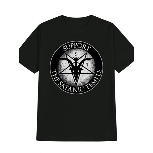 Men's Occult Short-Sleeve Graphic Tee - Black Goat Head & Pentagram Print, "Support The Satanic Temple" Text, Vintage Mensfashion Casual Round Neck Streetwear Top - Machine Washable, Edgy, Comfortable Fit, Alternative Boyfriend Tee