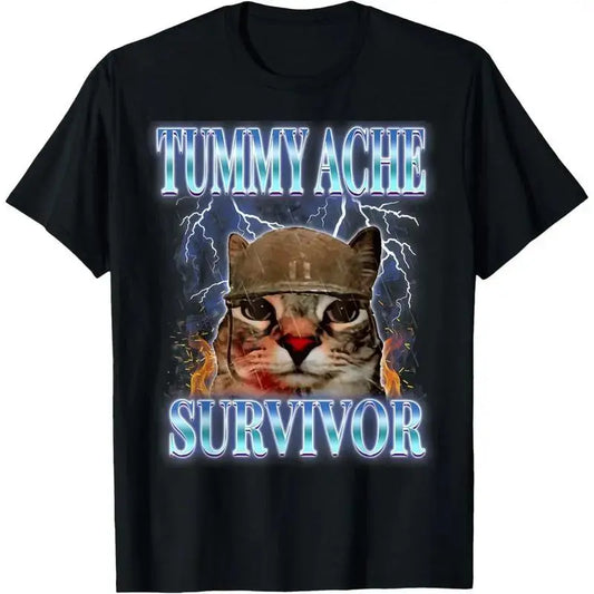 Tummy Ache Survivor Cat Meme Funny Saying Cats Animals T-Shirt for adult kids boy graphic Tees shirts  funny vintage fashion Short Sleeve tops vacation outfits clothing