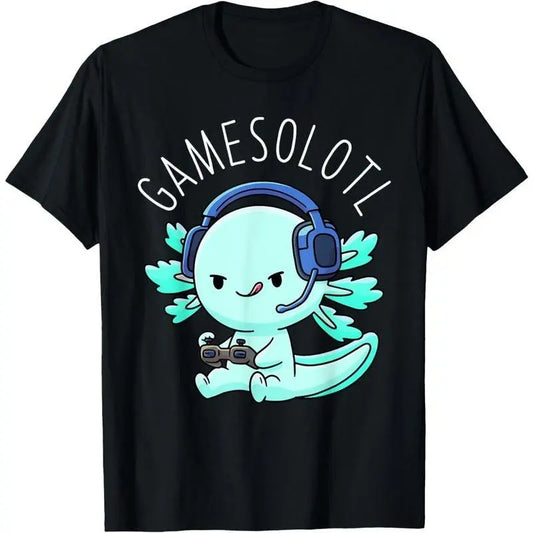 100%25 Cotton Gamesolotl Axolotl Gamer Anime Gifts Kawaii Boys Girls T-Shirt, Black Retro Double-Sided Water Wash Vintage Metalcore Graphic Y2K Streetwear Tee