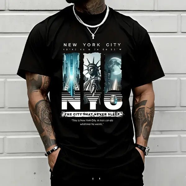 Men’s NYC “Eternal City” printed T-shirt, New York street-style short sleeve, Statue of Liberty themed casual top. tiktokshopspringglowup