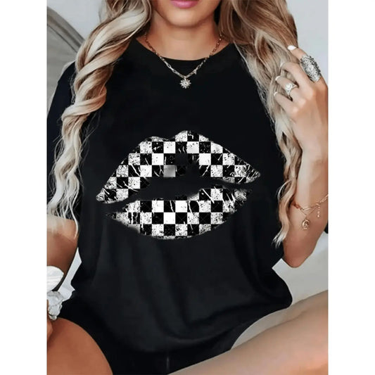 Women's Casual Loose Fit Short Sleeve T Shirt with Geometric Lip Print and Checkered Argyle Pattern 100 Cotton Round Neck Top for Spring Summer Fashion Soft Texture