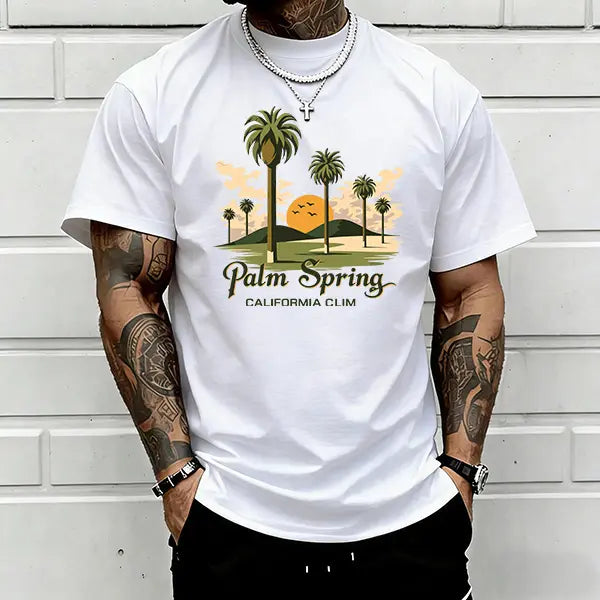 Men’s Palm Springs, California palm tree graphic T-shirt, retro sunset beach print tee, casual crew neck, perfect for summer vibes, vacation wear, and everyday casual outfits in white.