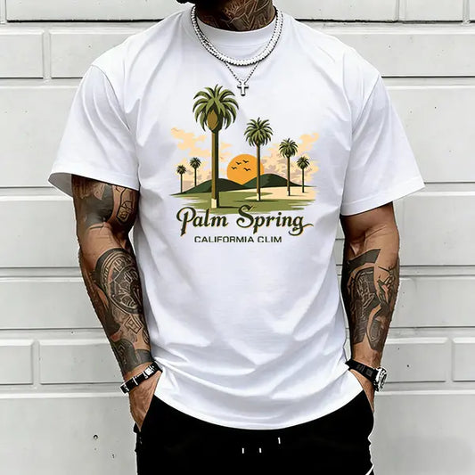 Men’s Palm Springs, California palm tree graphic T-shirt, retro sunset beach print tee, casual crew neck, perfect for summer vibes, vacation wear, and everyday casual outfits in white.