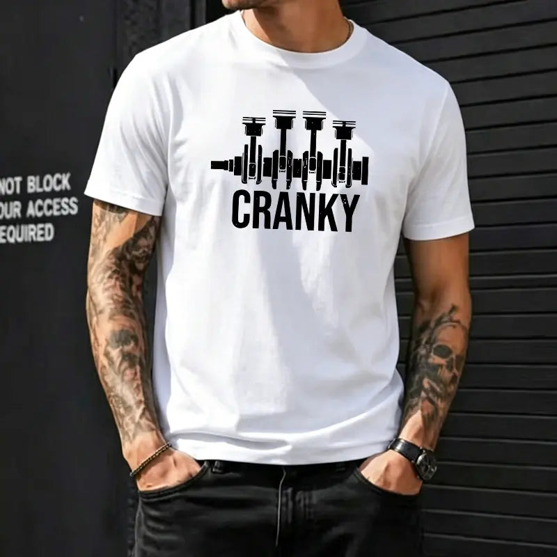 Men’s “Cranky Engine Piston” graphic T-shirt, funny mechanic/car enthusiast quote tee, casual crew neck top, automotive-themed shirt for everyday wear, garage, streetwear, and casual meetups