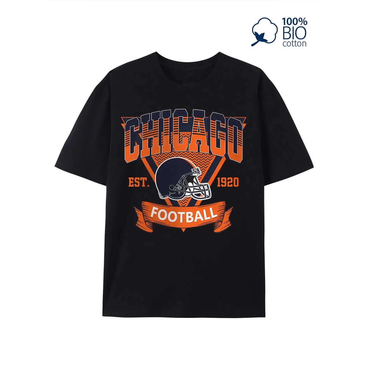 Chicago Football Graphic Tee - 100%25 Cotton Men's Casual T-Shirt, Short Sleeve, Round Neck, All-Season Comfort, White with Orange & Blue Chicago Football Design, Perfect for Sports Fans, Everyday Comfort | Graphic Tshirt | Durable Print, Chicago T Shirt