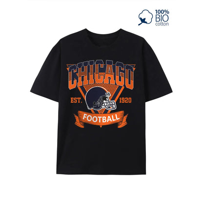 Chicago Football Graphic Tee - 100%25 Cotton Men's Casual T-Shirt, Short Sleeve, Round Neck, All-Season Comfort, White with Orange & Blue Chicago Football Design, Perfect for Sports Fans, Everyday Comfort | Graphic Tshirt | Durable Print, Chicago T Shirt