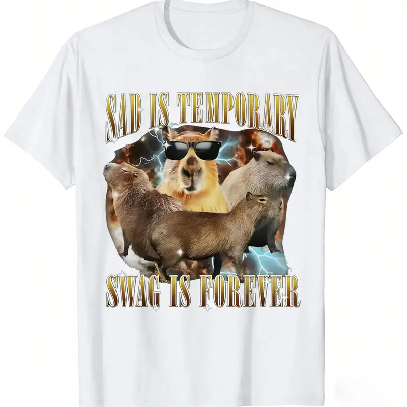 Women's Retro 90s Capybara Graphic Round Neck Short-Sleeve Top, "Sad Is Temporary Swag Is Forever" Quote Funny Meme Print, Pure Cotton Casual Unisex Streetwear