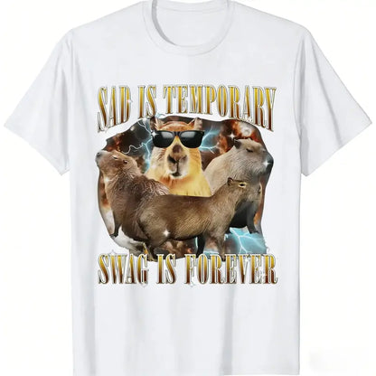 Women's Retro 90s Capybara Graphic Round Neck Short-Sleeve Top, "Sad Is Temporary Swag Is Forever" Quote Funny Meme Print, Pure Cotton Casual Unisex Streetwear