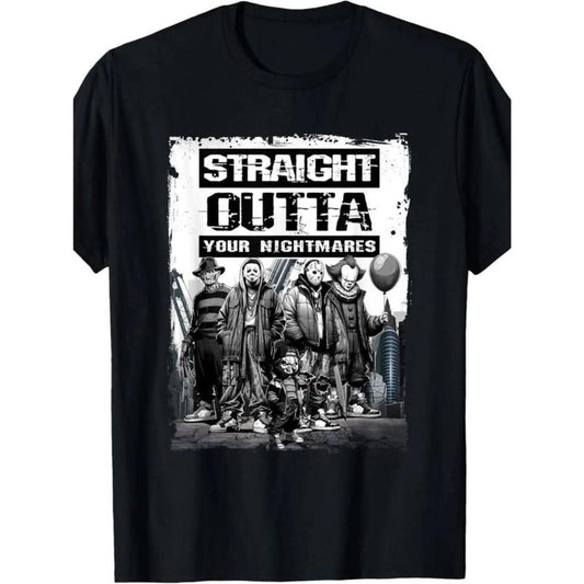 Straight Outta Nightmares" Men's Vintage Horror Halloween T-Shirt - 100% Cotton Casual Round Neck  gifts