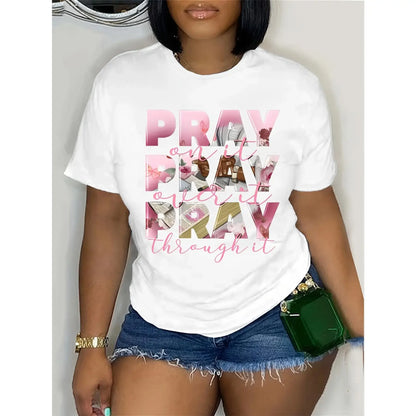 [100%25 Cotton] Plus Size Inspirational T-Shirt For Women - "Pray Over It" Print, Casual Crew Neck, Short Sleeve, Stretchy Polyester Blend, Machine Washable - Perfect For Spring/Summer/Fall, Plus Size Tshirts T-Shirt For Men And Women