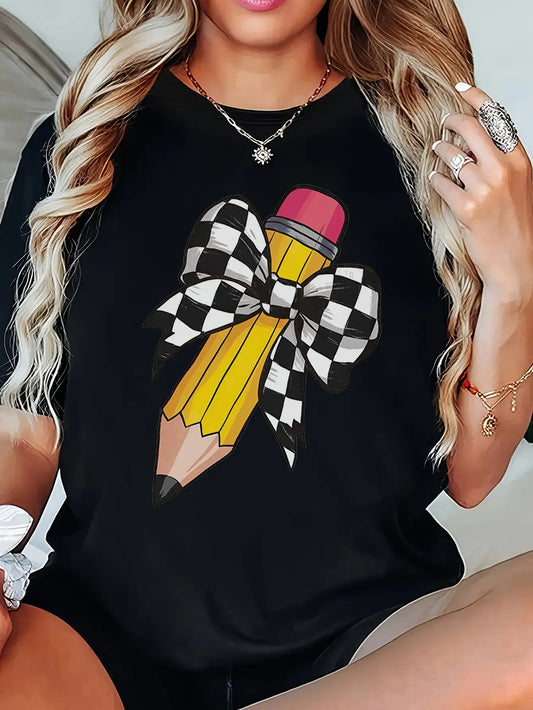 Teacher T-Shirt - Soft Breathable Round Neck Short Sleeve -Compatible Top with Yellow Pencil Print & Plaid Bow Tie, Back-to, Teaching, Casual Attire, Machine Washable Comfortable Fit for Moms and Educators