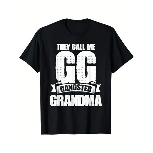 1pc Black Cotton "They Call Me GG Gangster Grandma" Graphic T-Shirt with Combed Design, Short Sleeve, Round Neck, Casual Fit for Women, Perfect Gift for Grandmothers, Humorous Apparel |   Playful Graphic Tee |   Cotton Fabric, Funny G