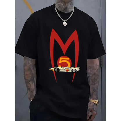 MACH 5 SPEED RACER Vintage Graphic Men's T-Shirt - Funny Racing Car Design, Casual Cotton Crew Neck Tee, Short Sleeve, White with Red & Blue Accents, Lightweight & Breathable for All Seasons