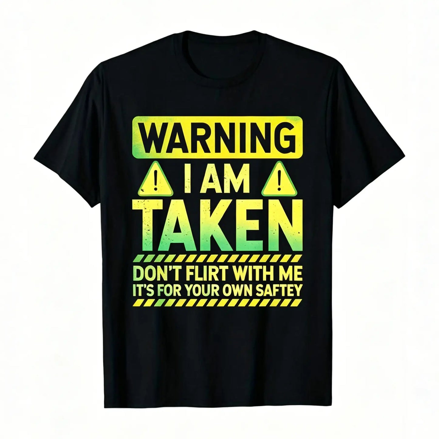 Men's Short-Sleeve Round Neck Funny Taken Husband Warning T-Shirt - Menswear - Don't Flirt with Me Graphic - Black with Red/White Caution Signs - Married Status Apparel - Regular Fit Casual - Machine Washable All-Season Top Tshirt