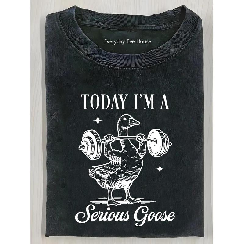 Men's Distressed 'Serious Goose' Funny Graphic Heavyweight Cotton Vintage Short-Sleeve Crew Neck Loose Fitted Casual Style Tee - Machine Washable Meme Streetwear Top, Back to School All Seasons Menswear