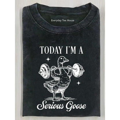 Men's Distressed 'Serious Goose' Funny Graphic Heavyweight Cotton Vintage Short-Sleeve Crew Neck Loose Fitted Casual Style Tee - Machine Washable Meme Streetwear Top, Back to School All Seasons Menswear