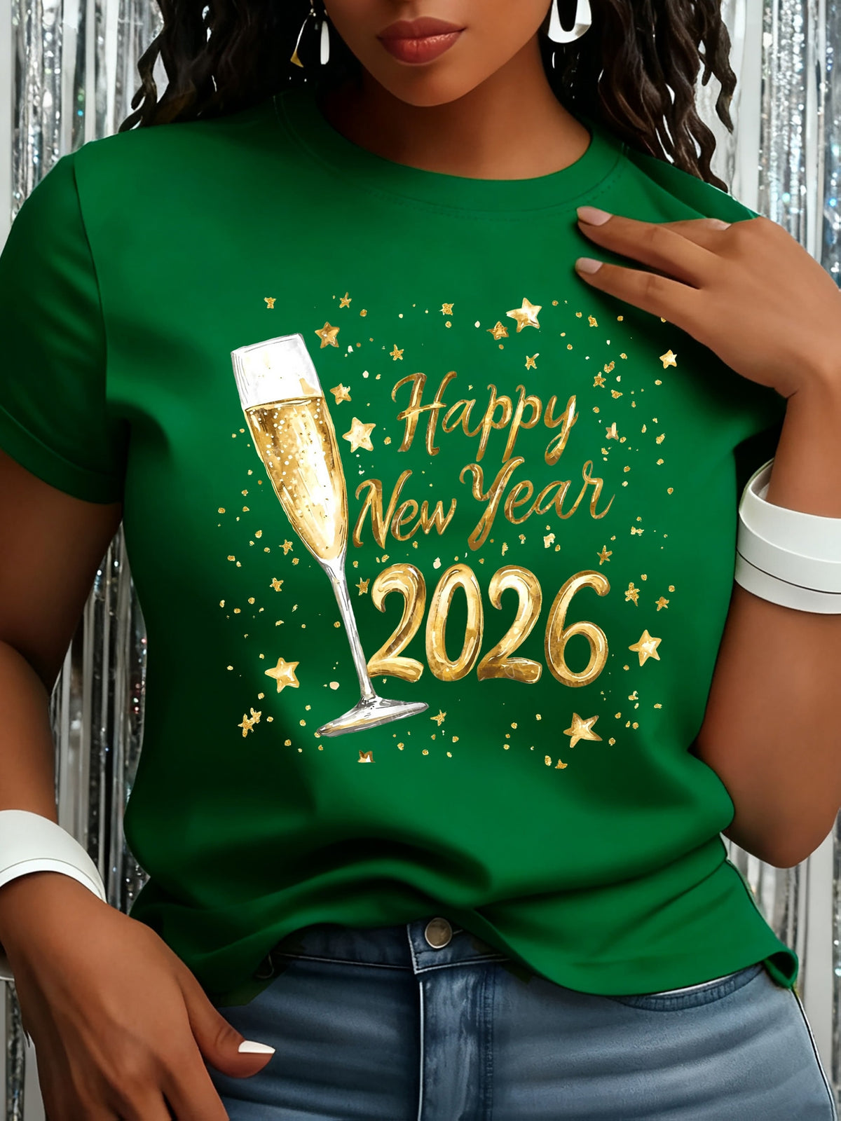 [Women'S Happy New Year T-Shirt] Women'S Luxurious Golden 2026 Happy New Year And Champagne Pattern Printed T-Shirt, Women'S Fashion Commute Round Neck Short Sleeve T-Shirt, Women'S Attending New Year Celebration Clothing, Goodbye 2025