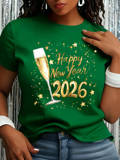 [Women'S Happy New Year T-Shirt] Women'S Luxurious Golden 2026 Happy New Year And Champagne Pattern Printed T-Shirt, Women'S Fashion Commute Round Neck Short Sleeve T-Shirt, Women'S Attending New Year Celebration Clothing, Goodbye 2025