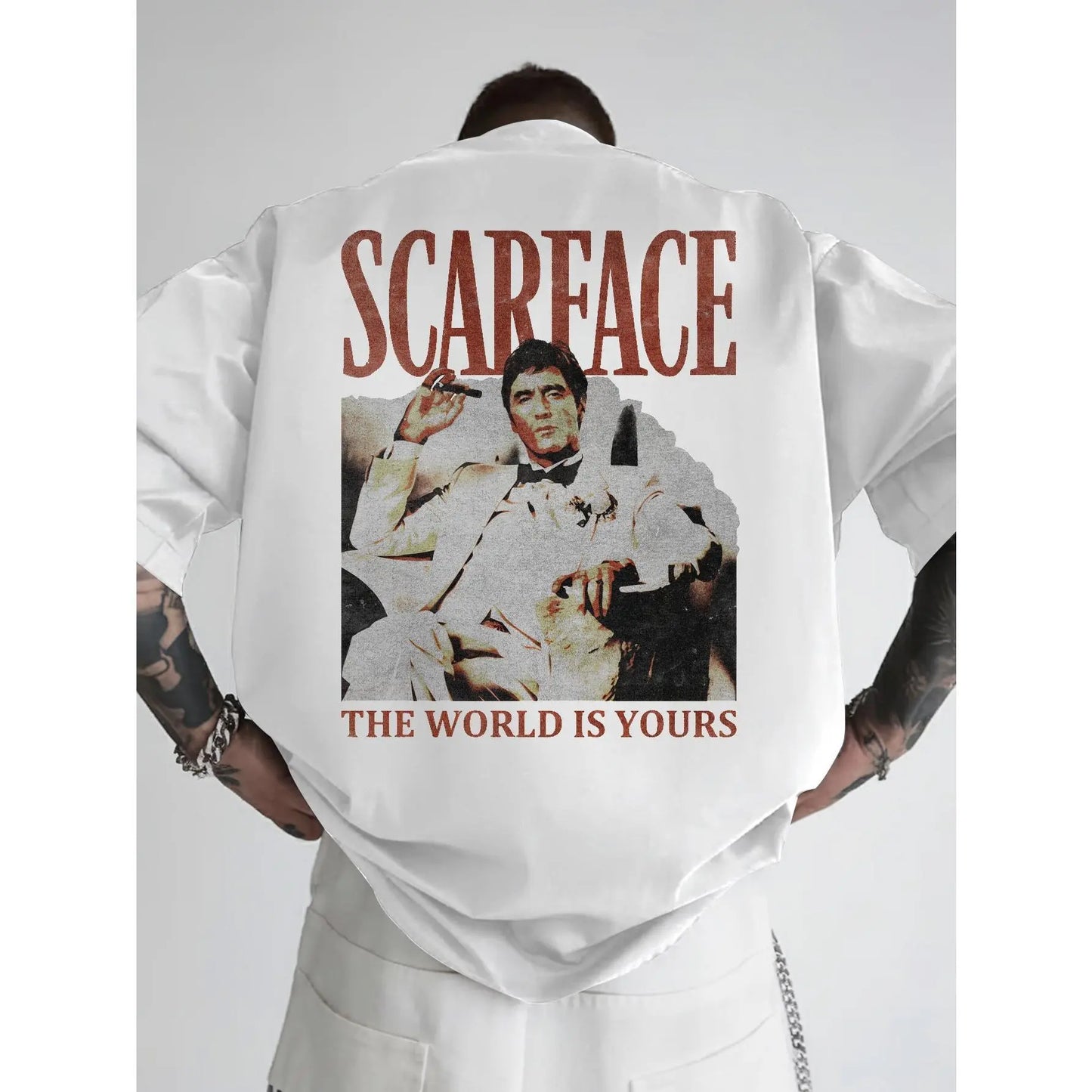 [Hot Streetwear Item] Scarface "The World Belongs to You" Retro Distressed Print Oversized Black Short-Sleeve Shirt - Retro movie pattern hip-hop aesthetic, unisex, Y2K street style casual summer outfit