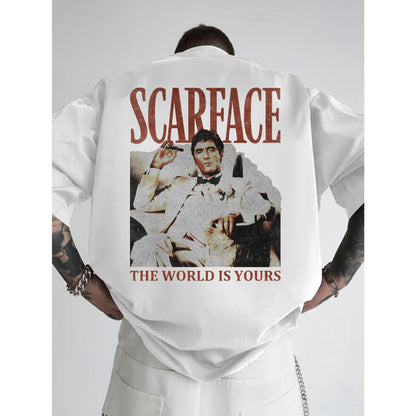 [Hot Streetwear Item] Scarface "The World Belongs to You" Retro Distressed Print Oversized Black Short-Sleeve Shirt - Retro movie pattern hip-hop aesthetic, unisex, Y2K street style casual summer outfit
