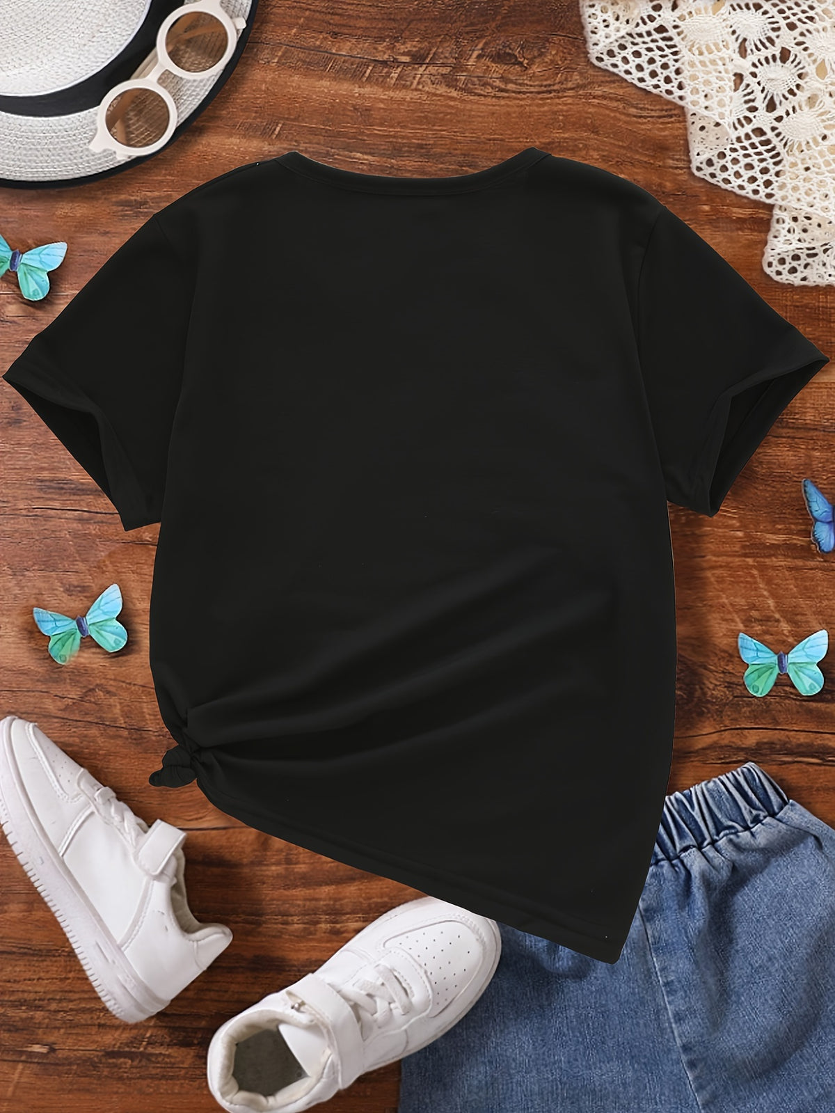 TD61013 Teenage Girls Colorful Pattern Print Beautiful Blue Butterfly Round Neck Summer Trendy Fashion T-shirt